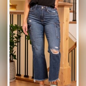 Women's Dark Blue Distressed Wide Leg Jeans